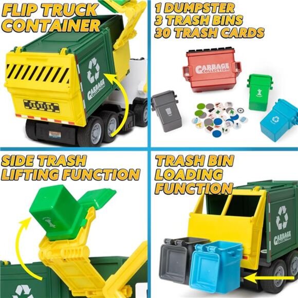 Large Friction Powered Garbage Truck Toy Set, Includes Dumpster, Trash Bins - Picture 4 of 7